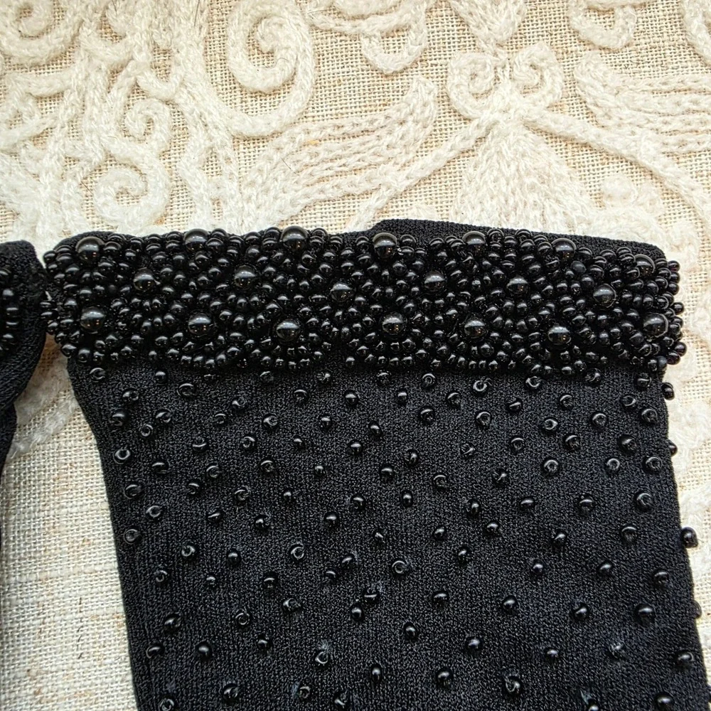 Lady Elaine Beaded Evening Gloves One Size Black Stretch Nylon Vintage, New